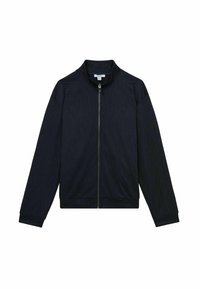 Veste zippée bleu marine avec un motif texturé, col arrondi et manches longues. Elle dispose d'une fermeture éclair visible ainsi que de poignets et d'un ourlet côtelés.