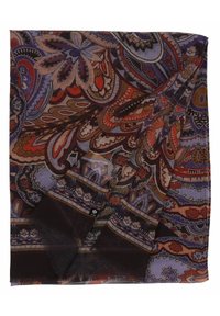 Sciarpa rettangolare trasparente con motivo paisley in tonalità di viola, rosso e marrone, con bordi frangiati e un piccolo etichetta di tessuto.