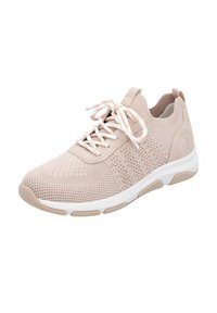 Light pink sneaker with a textured knit upper, white sole, and multi-colored laces. Features a padded collar and a flexible design.