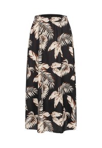 Jupe longue noire avec un motif de feuilles de palmier tropicales en beige et marron. Le tissu semble léger avec une texture lisse.