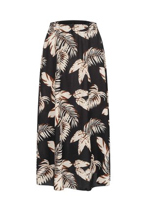 Juoda maxi sijonas su tropiniu palmės lapų raštu smėlio ir rudos spalvos atspalviais. Audinys atrodo lengvas, su lygiu paviršiumi.