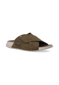 Bruine suède slide sandaal met kruislings ontwerp van banden, rubberen zool en metalen accenten. Heeft een gestructureerde voetbed voor comfort.