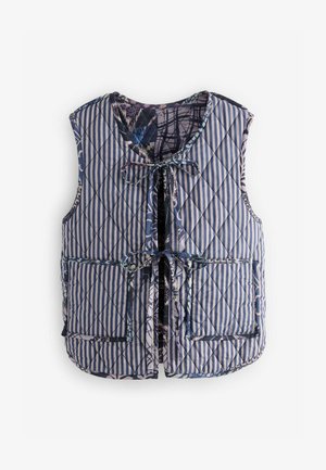 Quilted vest with a navy and white striped pattern, features two front pockets, a tie closure, and a colorful patterned inner lining.