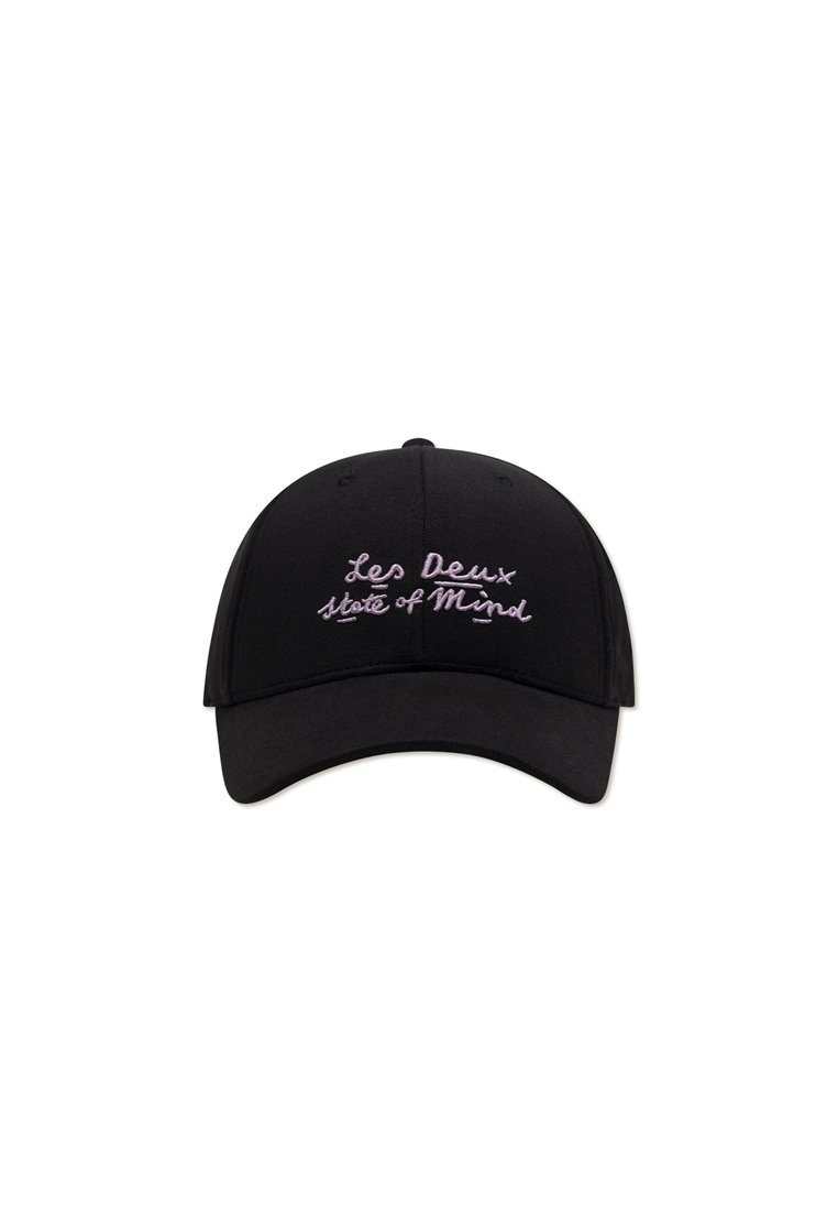 Black baseball cap with curved brim, featuring embroidered text "Les Deux state of Mind" in light purple on the front.
