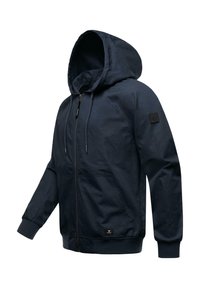 Navy blue hooded jacket featuring a zip front, elastic cuffs, two front pockets, and a black logo patch on the left sleeve.
