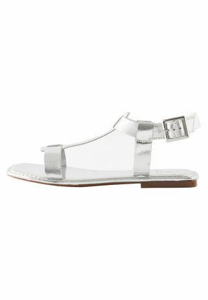 Silver metallic sandals with T-strap design, adjustable buckled ankle strap, flat sole, and smooth texture.