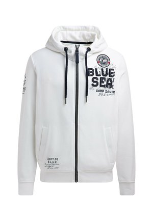 Weißer Reißverschluss-Hoodie aus Baumwolle mit Kapuze, marineblauen Kordeln und bedruckten Details, darunter "BLUE SEA" und verschiedene Akzente.