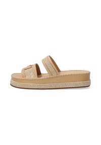 Tan platform sandalen met twee brede banden, geweven details en een jute-stijl touw tussenzool. Glad lederen bovenkant en platte zool.