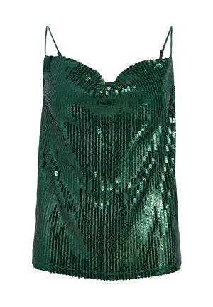 Top caraco vert foncé à sequins avec fines bretelles ajustables et un léger décolleté drapé.