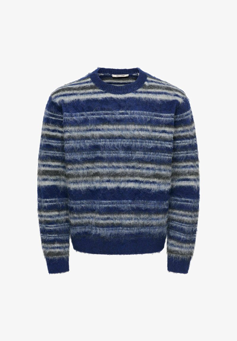Pull à rayures floues bleu et gris à manches longues avec un col rond et un tissu tricoté doux et texturé.
