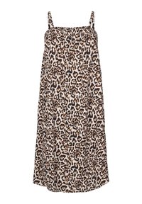 Abito con stampa leopardata, spalline regolabili, corpino arricciato e silhouette fluida nei colori beige, marrone e nero.
