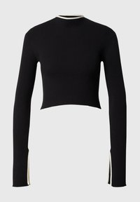 Crni rebrasti dugi rukav uski crop top s visokim izrezom i bijelim rubom na ovratniku i bočnim prorezima. Glatka tekstura i pripijen dizajn.