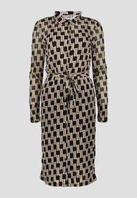 Zwart en beige hemdjurk met lange mouwen, een strikdetail in de taille en een zigzagpatroon. De stof lijkt lichtgewicht en doorschijnend.