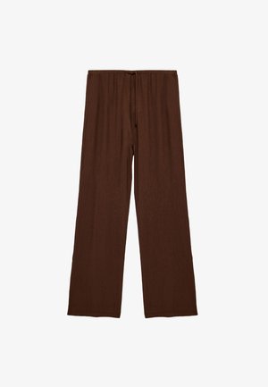 Bruine wide-leg broek van gestructureerde stof, met een elastische tailleband en verstelbaar trekkoord. Geen zichtbare zakken.