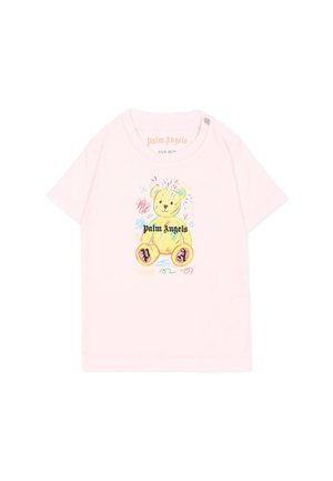 T-shirt bébé rose clair avec motif coloré d'ours en peluche et texte "Palm Angels" sur le devant, taille 9-12 mois.