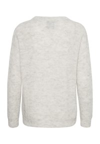 Maglione grigio chiaro lavorato a maglia con una vestibilità ampia, maniche lunghe e scollatura rotonda. Texture morbida con una leggera trama decorativa.