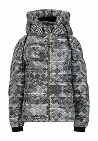 Gevoerde jas met een zwart-wit geometrisch patroon, capuchon, ritssluiting aan de voorkant en zwarte accenten; heeft twee ritszakken en elastische manchetten.