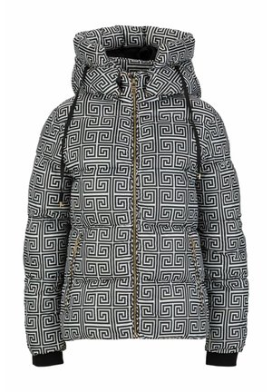 Gevoerde jas met een zwart-wit geometrisch patroon, capuchon, ritssluiting aan de voorkant en zwarte accenten; heeft twee ritszakken en elastische manchetten.