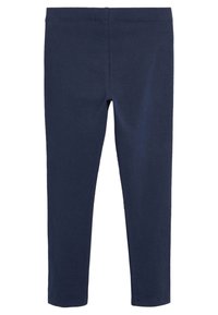 Marineblaue Leggings aus elastischem Baumwollstoff mit einem schlichten Design, elastischem Bund und glatter Textur.