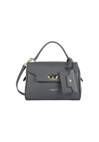 Borsa a tracolla in pelle grigia con maniglia superiore e tracolla staccabile, chiusura in metallo dorato e etichetta abbinata, firmata Lancaster Paris.