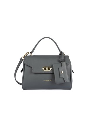 Borsa a tracolla in pelle grigia con maniglia superiore e tracolla staccabile, chiusura in metallo dorato e etichetta abbinata, firmata Lancaster Paris.