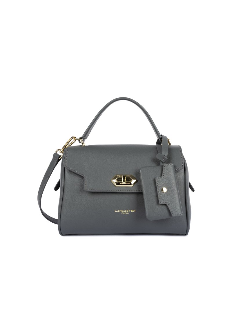 Borsa a tracolla in pelle grigia con maniglia superiore e tracolla staccabile, chiusura in metallo dorato e etichetta abbinata, firmata Lancaster Paris.