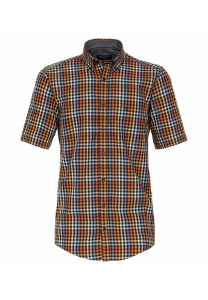 Korte mouwen geblokte shirt met oranje, blauwe en witte vierkanten, met een button-down kraag en een enkele borstzak.