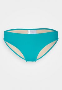 Parte de baixo de bikini turquesa com uma textura suave, cintura elástica e forro interior de cor creme. Design simples sem padrões.