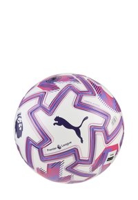 Pallone da calcio Puma Premier League, bianco con motivi geometrici viola e rosa, caratterizzato da una superficie strutturata e dai loghi del marchio.