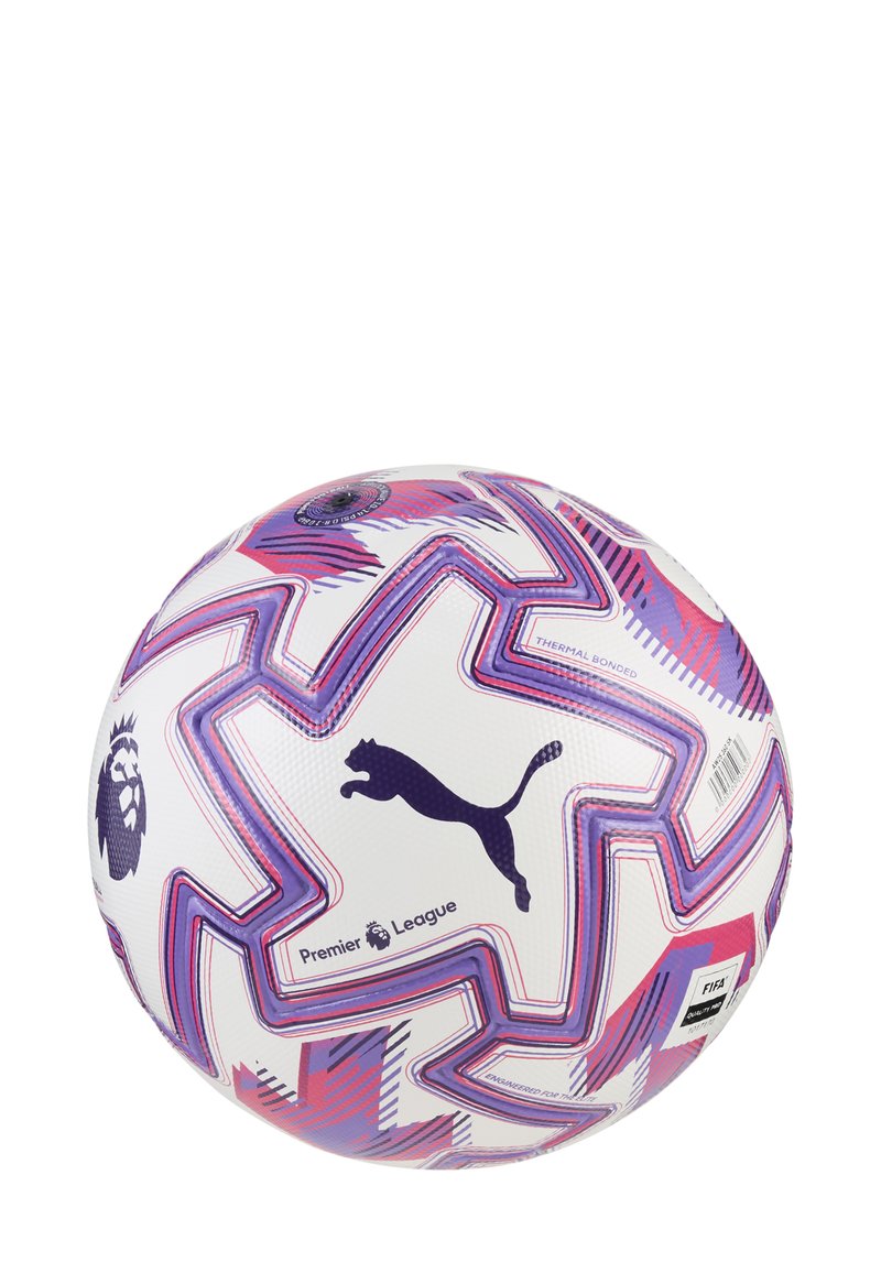 Pallone da calcio Puma Premier League, bianco con motivi geometrici viola e rosa, caratterizzato da una superficie strutturata e dai loghi del marchio.
