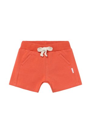 Oranje katoenen korte broek met een geribbelde tailleband, trekkoordsluiting en twee voorzakken. Heeft een klein wit logo-label aan de zijkant.