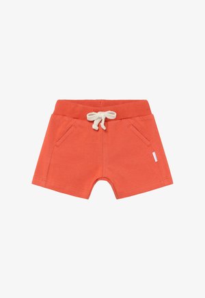 Oranje katoenen korte broek met een geribbelde tailleband, trekkoordsluiting en twee voorzakken. Heeft een klein wit logo-label aan de zijkant.