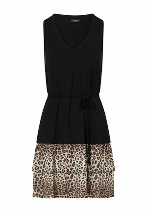 Vestito nero senza maniche con scollo a V, cintura in vita e orlo della gonna a balze con stampa leopardata.