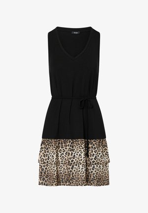 Vestito nero senza maniche con scollo a V, cintura in vita e orlo della gonna a balze con stampa leopardata.