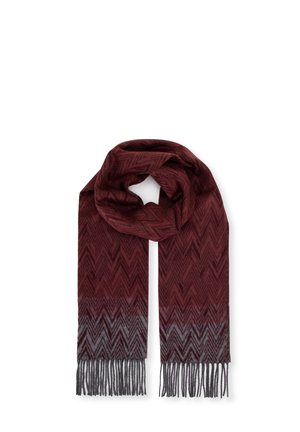 Burgundy scarf with a herringbone pattern, featuring a gradient that fades to gray at the ends and finished with fringed edges.