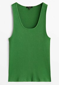Green ribbed tank top with a scooped neckline, sleeveless design, and a soft texture. Features a fitted silhouette and clean edges.