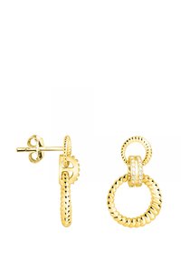 Goldfarbene Creolen mit gedrehter Design, featuring ein in der Mitte mit klaren Kristallakzenten versehener Verbindung. Sicherer Stecker-Verschluss.