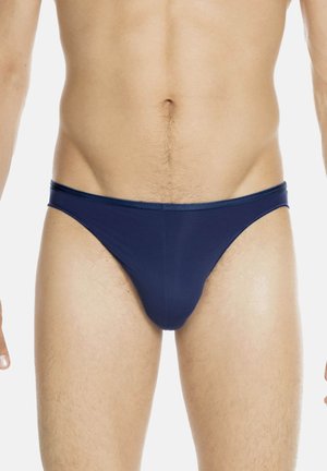 Navy men's briefs made from smooth fabric, featuring a low-rise cut and minimal coverage, with elastic waistband and no visible hardware.