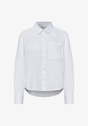 Camicia bianca a maniche lunghe con bottoni, colletto e taschino sul petto, con orlo curvo e polsini con bottoni.