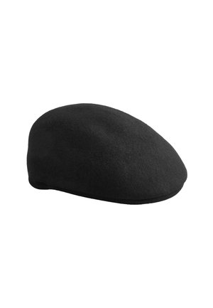 Black wool beret with a smooth, rounded shape and a soft texture, featuring a slightly raised band along the edge.