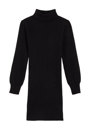 Schwarzes, geripptes Strickkleid mit langen Puffärmeln und hohem Rollkragen, geradem Saum und enganliegenden Bündchen.