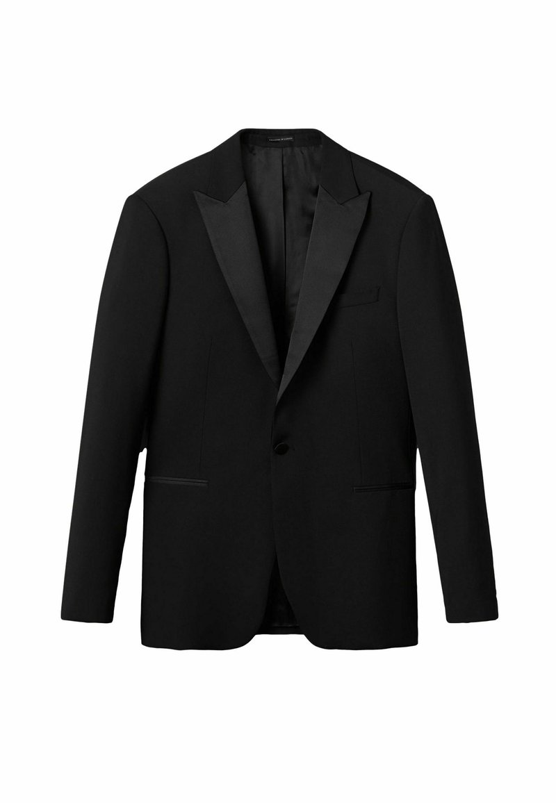 Jachetă de tuxedo neagră cu rever din satin, două buzunare frontale, închidere cu un singur buton și o textură catifelată. Design pe măsură.