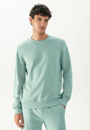 Light mint green sweatshirt, crew neck, long sleeves, ribbed cuffs and hem, soft texture, worn with matching bottoms.
