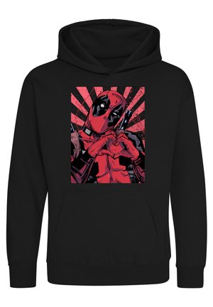 Czarna bluza z kapturem z grafiką w stylu komiksowym przedstawiającą Deadpoola robiącego kształt serca dłońmi na tle czerwonych promieni słonecznych.