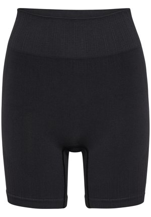 Schwarze, hochgeschnittene Shorts aus glattem, dehnbarem Material, mit gerippter Struktur am Bund und Saum. Standardpassform mit einer Länge bis zur Mitte des Oberschenkels.