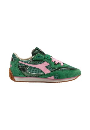 Green and pink athletic sneaker with mesh and suede panels, pink laces, gum sole, and high top collar, shown in side profile on white background.