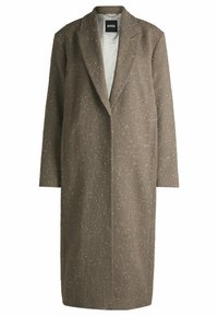 Brown herringbone coat with long sleeves, notched lapels, and a straight silhouette. Textured fabric with a subtle pattern and inner lining.