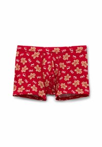 Červené boxerky s motivem perníčkových panáčků a vánočních frází. Vyrobené z měkké látky s elastickým pasem.