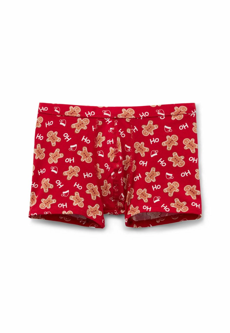 Červené boxerky s motivem perníčkových panáčků a vánočních frází. Vyrobené z měkké látky s elastickým pasem.