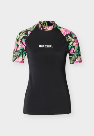 Μαύρο κοντομάνικο rash guard με πολύχρωμα φλοράλ μανίκια και γιακά, με το λογότυπο "RIPCURL" στο κέντρο του στήθους.